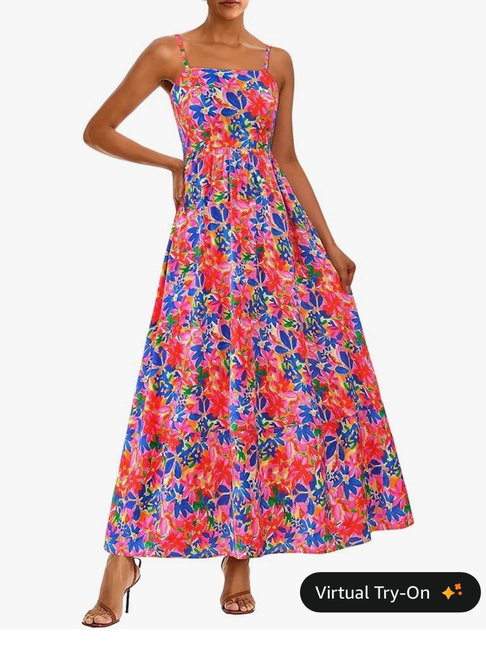 Bright Floral Spaghetti-Strap Midi Dress in Pink & Blue